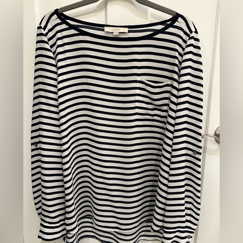 LOFT Navy and White Striped Blouse